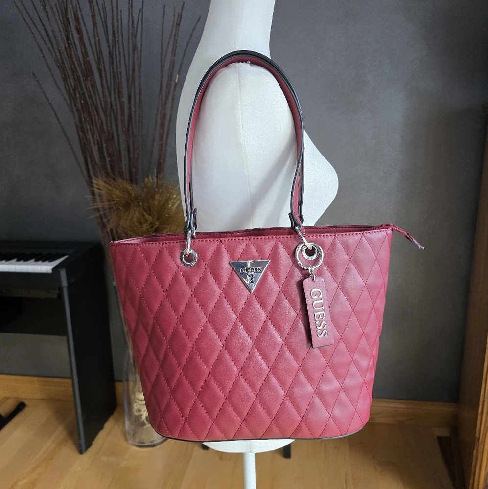 GUESS Quilted Tote Bag Maroon Red Color